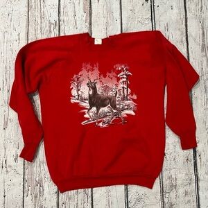 Vintage Deer Animal Print 1980s Red Crewneck Pullover Jumper Sweatshirt